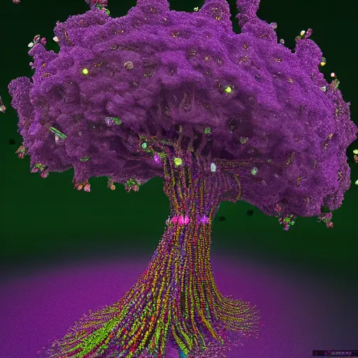 Prompt: a purple tree with a lot of beads on it, a computer rendering by benoit b. mandelbrot, featured on zbrush central, generative art, made of beads and yarn, rendered in cinema 4 d, lovecraftian