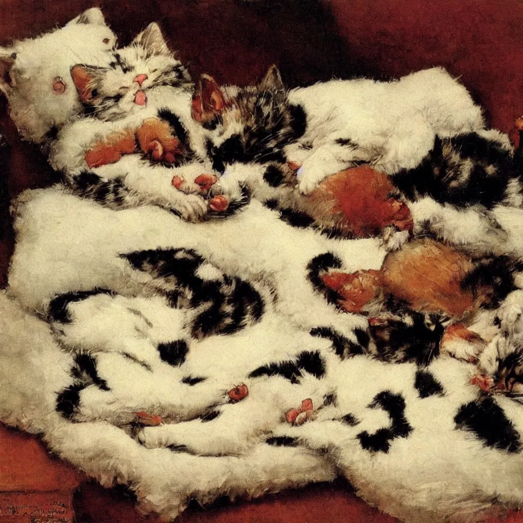 Image similar to Sleeping kitten painted by Norman Rockwell, museum quality painting