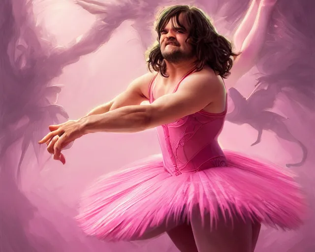 Image similar to photography of jack black dancing in a pink ballerina outfit, full body shot, deep focus, d & d and mtg, fantasy, intricate, elegant, highly detailed, digital painting, artstation, concept art, matte, sharp focus, illustration, hearthstone, art by artgerm and greg rutkowski and alphonse mucha