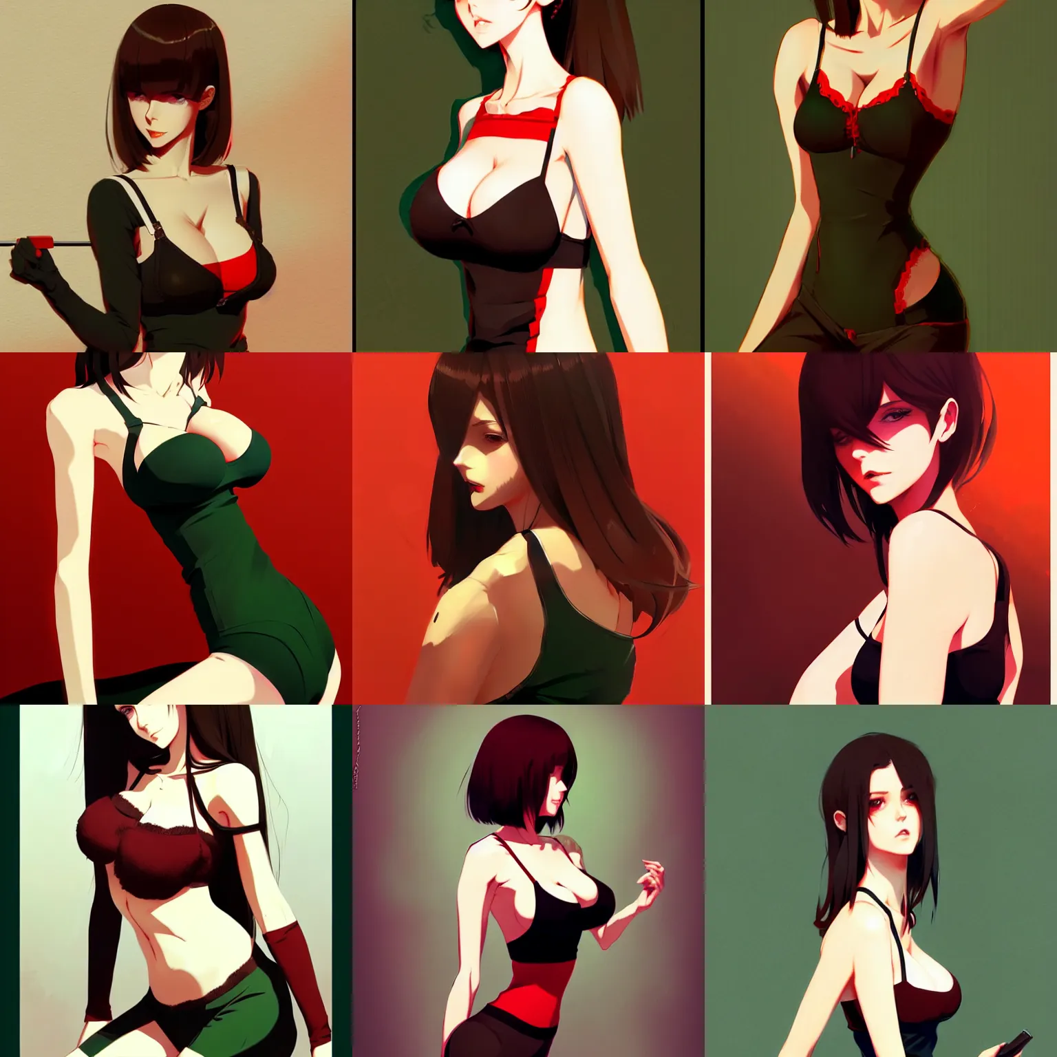 Prompt: sexy woman with brown hair and green eyes, wearing a camisole, perfect body, red and black color palette, in the style of and ilya kuvshinov and greg rutkowski, high quality anime artstyle, intricate