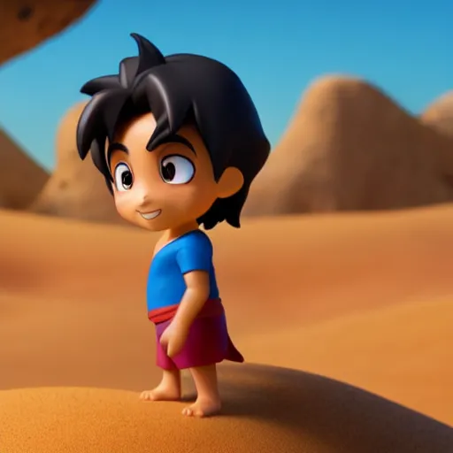 Image similar to profile view of young aladdin as nendoroid walking in a desert in the croods movie style, anime, disney, pixar, 8 k, hd, dof, kodak film, volumetric lighting, subsurface scattering, photorealistic, octane render, details