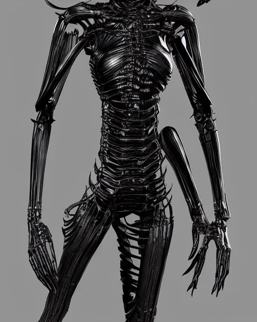 Image similar to H.R. Giger character design, black outfit with metallic and translucent parts. rib-cage is metallic. otherwordly humanoid. that steals faces. full body, render, trending on artstation, unreal engine 4k, detailed, Unreal engine, octane render