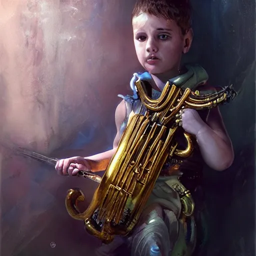 Image similar to stunning portrait of 3yo greek argonaut Orpheus playing the golden lyre, painting by Raymond Swanland, cyberpunk, sci-fi cybernetic implants hq