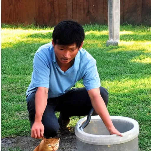 Prompt: asian jesus playing with cats with a water bucket and a whip