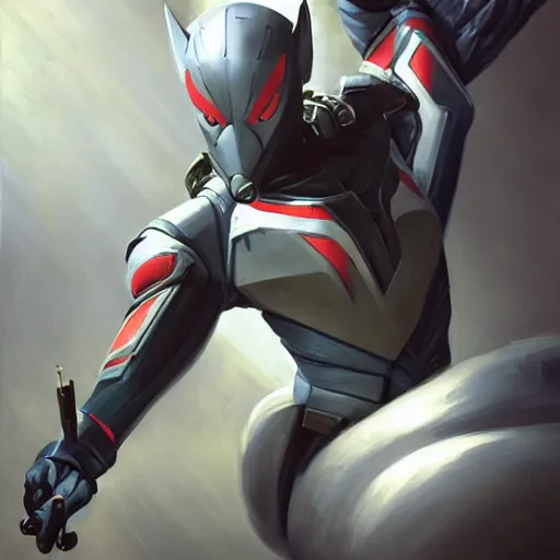 Image similar to greg manchess portrait painting of armored spiderman ultraman grey fox from metal gear cyborg gay japanese - american hybrid as overwatch character, medium shot, asymmetrical, profile picture, organic painting, sunny day, matte painting, bold shapes, hard edges, street art, trending on artstation, by huang guangjian and ail elvgren and sachin teng