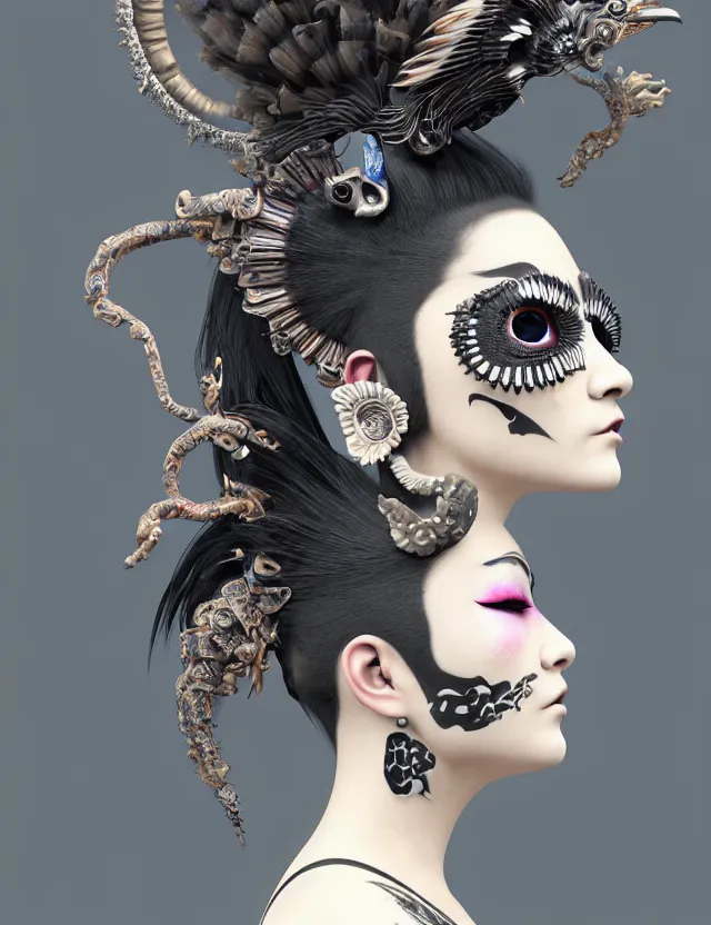 Image similar to 3 d goddess close - up profile portrait punk with mohawk in victorian style with ram skull. beautiful intricately detailed japanese crow kitsune mask and clasical japanese kimono. betta fish, jellyfish phoenix, bio luminescent, plasma, ice, water, wind, creature, artwork by tooth wu and wlop and beeple and greg rutkowski