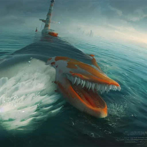 Image similar to subsurface scattering, white, giant submarine, koi colors, never koi, octane render, jesper ejsing, justin gerard, james jean, tomasz alen kopera, cgsociety, fenghua zhong, makoto shinkai, highly detailed, rim light, art, cinematic lighting, very coherent, hyper realism, 8 k