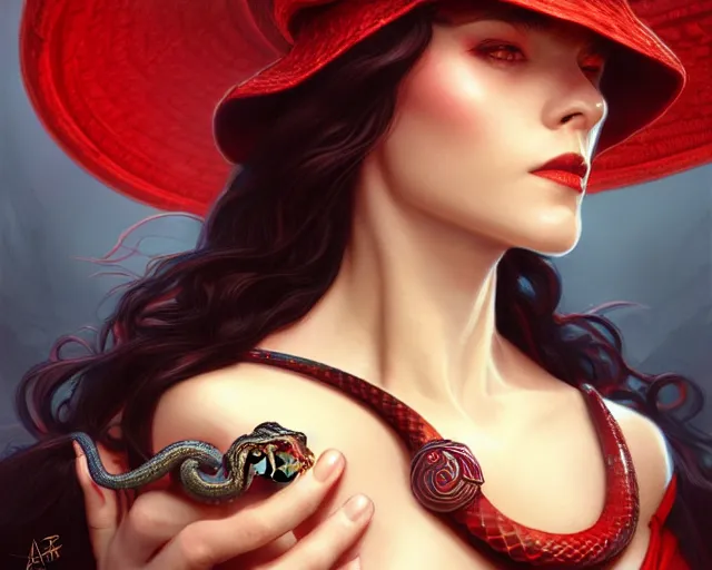 Image similar to red hat wizard woman with snakes in her dark hair, hydra, deep focus, d & d, fantasy, intricate, elegant, highly detailed, digital painting, artstation, concept art, matte, sharp focus, illustration, hearthstone, art by artgerm and greg rutkowski and alphonse mucha