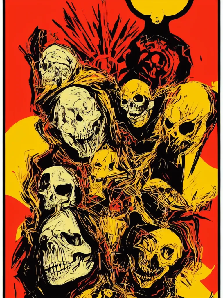 Image similar to poster offear featuring portrait of skeletor, red yellow orange black and cream colors, poster by shepard fairey