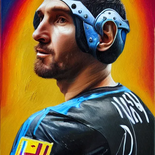 Image similar to portrait of lionel messi as a cyborg, oil painting, mechanical parts, soccer ball, intricate, detail