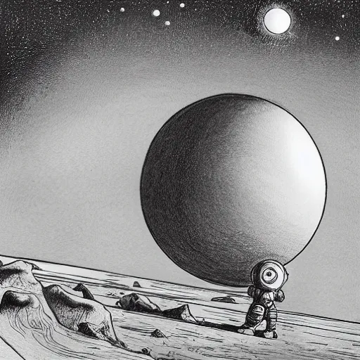 Prompt: Drawing. A beatiful illustration of a planet with two moons in the background. In the foreground, there is a woman wearing a spacesuit and holding a phaser. She is standing on a rocky surface, and there is a ship in the distance. pencil sketch by Steve Argyle, by Mark Ryden composed, lines