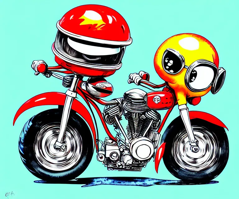Prompt: cute and funny, pepe wearing a helmet riding in a tiny hot rod harley motorcycle with oversized engine : : waving and smiling, ratfink style by ed roth, centered award winning watercolor pen illustration, isometric illustration by chihiro iwasaki, edited by range murata, details by artgerm