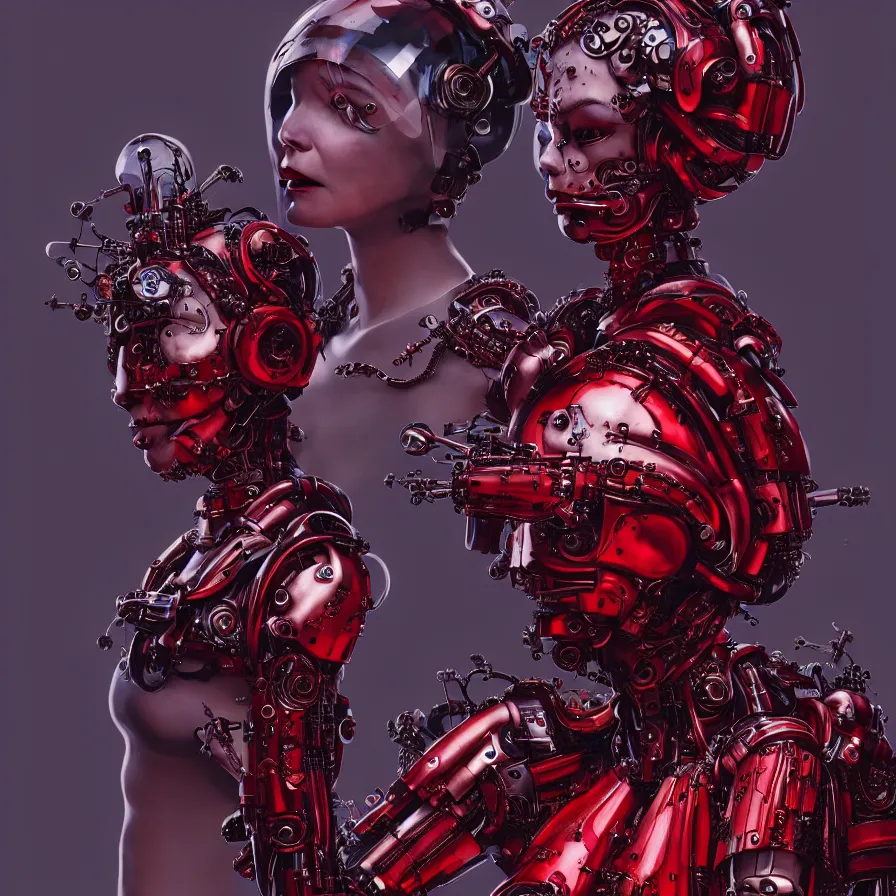 Prompt: bjork fashion portrait, vogue, red biomechanical wear, inflateble shapes, wearing epic bionic cyborg implants, masterpiece, intricate, biopunk futuristic wardrobe, highly detailed, art by akira, mike mignola, artstation, concept art, background galaxy, cyberpunk, octane render