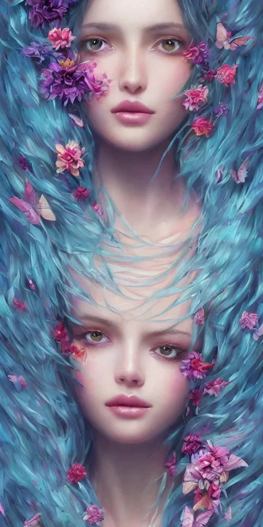 Prompt: beautiful, young woman, wrapped up in each other's hair, extremely detailed gorgeous face, sad eyes, long luxurious gown, tears, vaporwave aesthetic, synthwave, photo-realistic face, digital, flowers, butterflies, birds, painting, artstation, concept art, smooth, sharp focus, illustration, art by artgerm and greg rutkowski and alphonse mucha