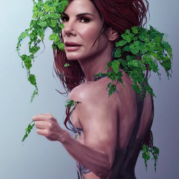 Image similar to portrait of Sandra Bullock as a Poison Ivy. intricate artwork. by Tooth Wu, wlop, beeple, dan mumford. octane render, trending on artstation, greg rutkowski very coherent symmetrical artwork. cinematic, hyper realism, high detail, octane render, 8k