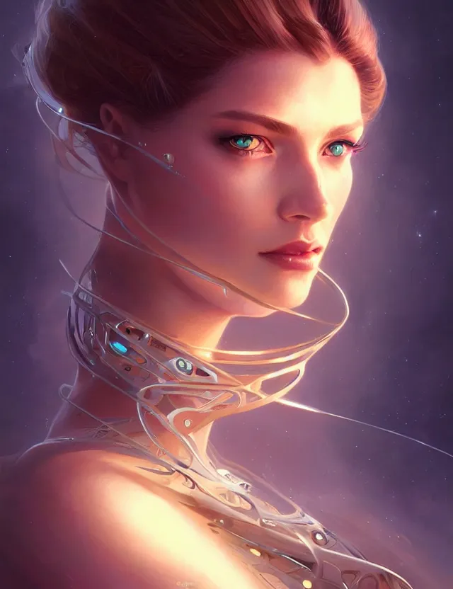 Image similar to futuristic woman portrait, sci-fi, amber eyes, face, long hair, fantasy, intricate, elegant, highly detailed, digital painting, artstation, concept art, smooth, sharp focus, illustration, art by artgerm and greg rutkowski and alphonse mucha