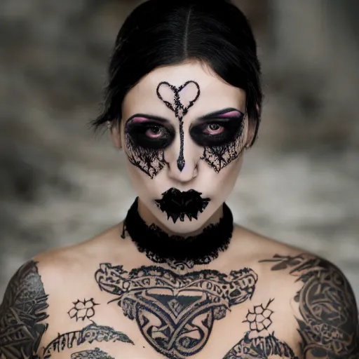 Image similar to a portrait of a goth female with maori tattoos and a lace choker, dark eyes, dark hair, olive skin, depth of field, zeiss lens, detailed, centered, artstation, fashion photoshoot, by Annie Leibovitz and Steve McCurry, David Lazar, Jimmy Nelsson, Breathtaking, 8k resolution, extremely detailed, beautiful, establishing shot, artistic, hyperrealistic, beautiful face, octane render