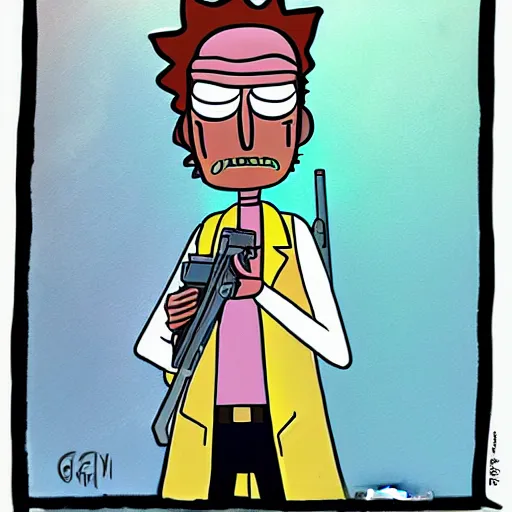 Image similar to portrait of alien rick holding a cybernetic rifle, rick and morty forever and forever a hundred years! g