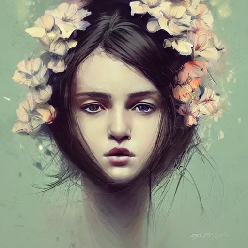 Image similar to Ukrainian girl with a flowers profile picture by Greg Rutkowski, asymmetrical, Organic Painting , Matte Painting, geometric shapes, hard edges, dark mood, street art, trending on the artstation, realistic:2 by Sachin Teng:4, blur: -4