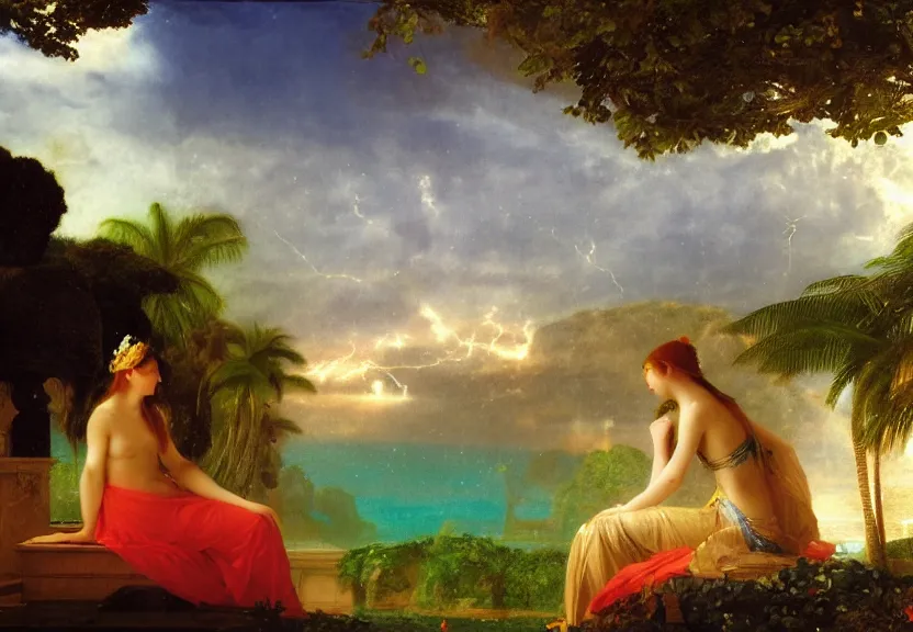 Image similar to Girl playing the palace piano, refracted sparkles, thunderstorm, greek pool, beach and Tropical vegetation on the background major arcana sky, by paul delaroche, hyperrealistic 4k uhd, award-winning, very very very detailed