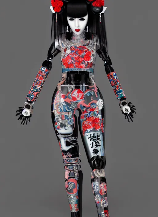 Image similar to full body portrait of a gothic japanese robot geisha with kanji tattoos and decals wearing a digital pixelated kimono, intricate design, photorealistic, octane render, raytraced, ultra fine detailed, character design, trending on artstation