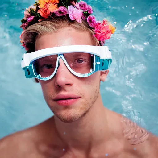 Image similar to close up kodak portra 4 0 0 face portrait photograph of a skinny guy with blonde hair submerged in a elegant tub of white milk, aerial view, wearing cyber goggles, flower crown, moody lighting, telephoto, 9 0 s vibe, blurry background, vaporwave colors, dream aesthetic, dreamy aesthetic, faded!,