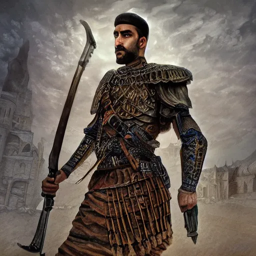 Image similar to “ full body, afghan warrior, an afghan male type, standing in - front of an afghan castle, highly intricate detailed, light and shadow effects, intricate, highly detailed, digital painting, art station, concept art, smooth, sharp focus, illustration, advanced digital art, atmospheric lighting, detailed face, 8 k, hq ”