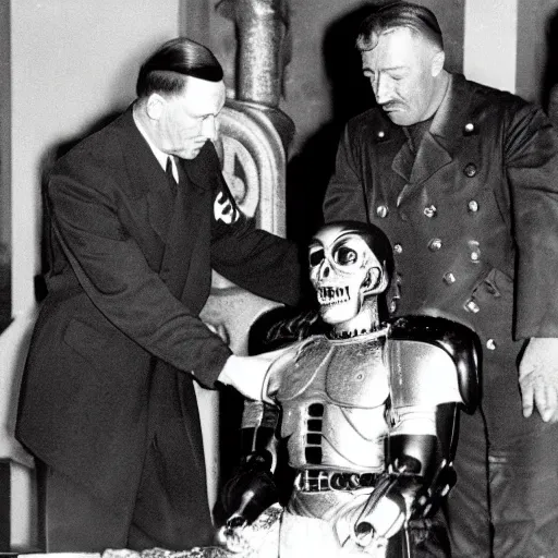 Image similar to hitler knighting schwarzenegger the terminator in a church