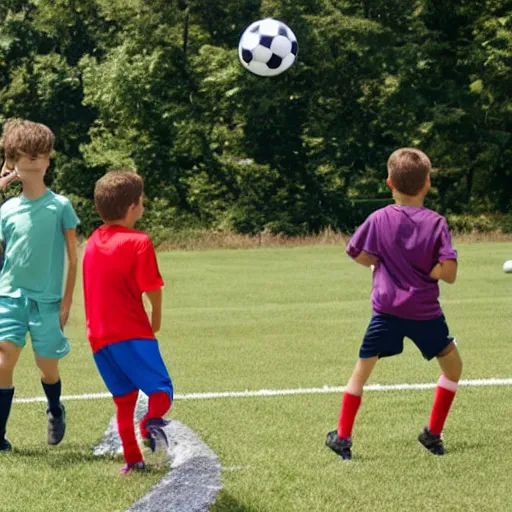 Image similar to boys playing soccer, hot day, parents watching