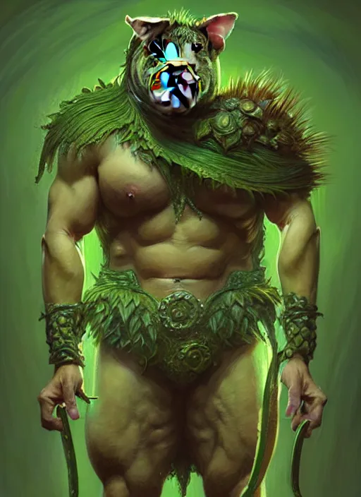 Image similar to portrait of aggressive pig humanoid, d & d, muscular! green, fantasy, intricate, elegant, highly detailed, digital painting, artstation, concept art, smooth, sharp focus, illustration, art by artgerm and greg rutkowski and alphonse mucha