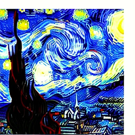 Image similar to Starry night vii poster but the black is white and the dark blue is light, deep detailed