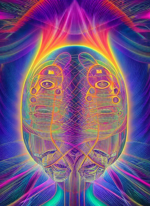 Image similar to collaborative intelligence in your pocket in the style of alex grey, album cover, award winning, beautiful, colorful, volumetric lighting, trending on artstation