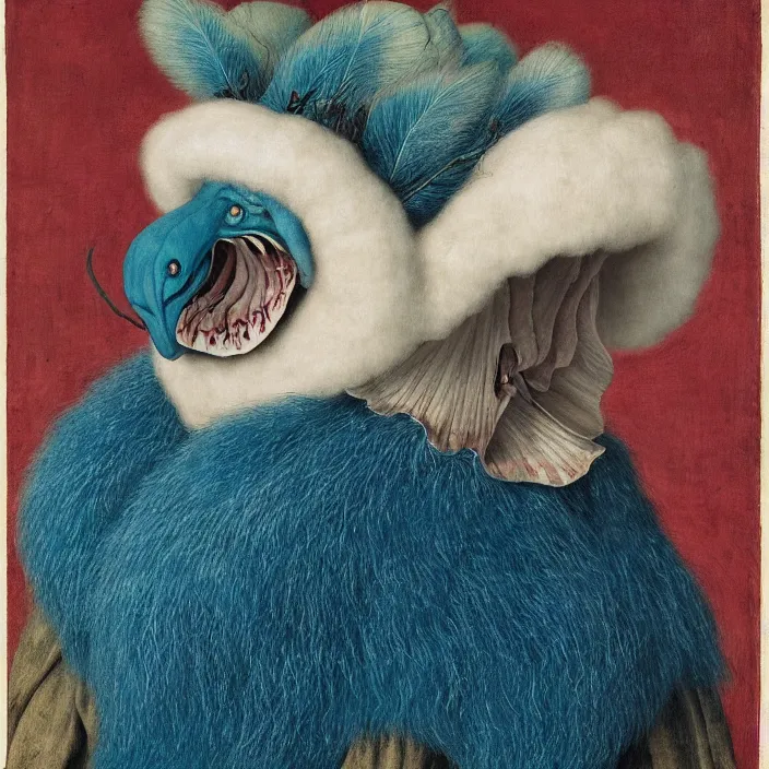 Image similar to close up portrait of a mutant monster creature with white fluffy moth pouf, exotic lily ears, delicate blue sea shell conch corns, snout. by jan van eyck, walton ford