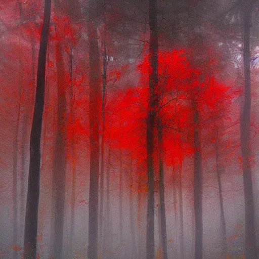 Prompt: red thread-like crytalline cube form skysraper growing in misty vapour forest, by richard schmid