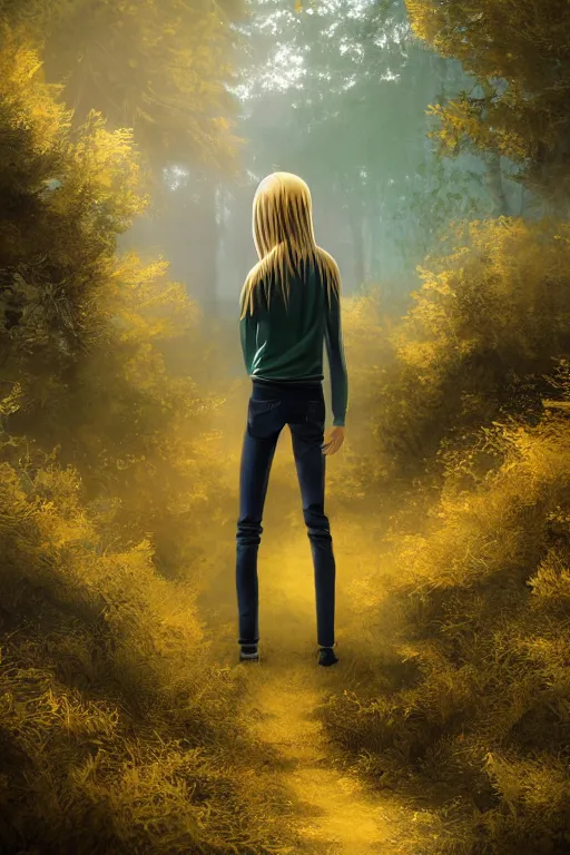 Image similar to pretty young man with long golden blond hair, hair made of gold, demure, slender, back view, lost, trees, detailed forest background, webtoon, breathtaking scenery, colourful, 8 k, graphic novel, digital art trending on artstation, volumetric lighting, octane render, cinematic, hyper detailed, magical atmosphere, magical forest