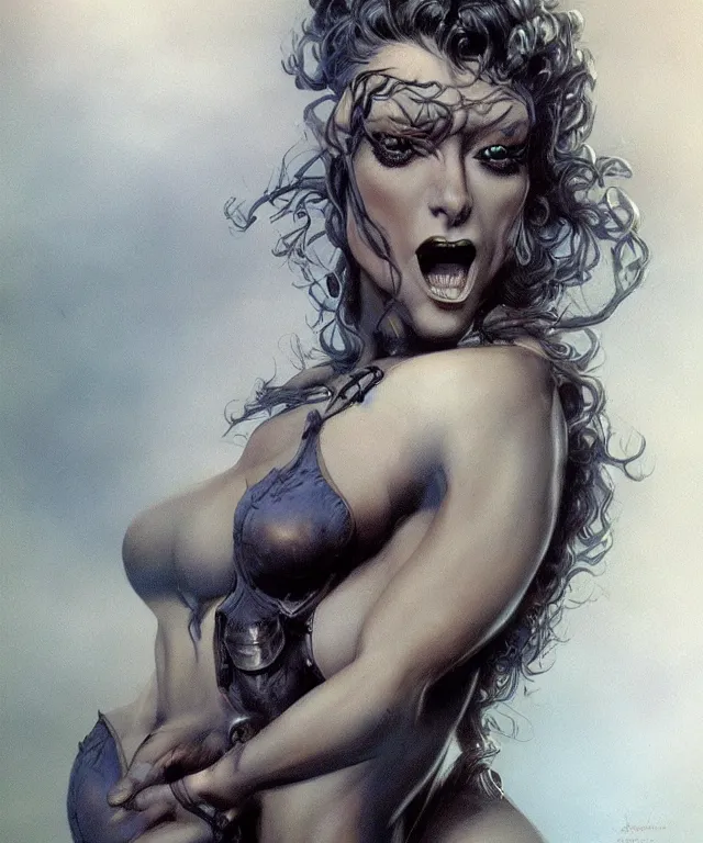 Prompt: close-up of a beautiful female wizard, upper body and face, beautiful clothes, style of Boris Vallejo and Frank Frazetta, very detailed, fantasy art, trending on artstation and deviantart