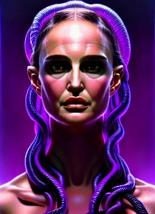 Prompt: Medusa, Natalie Portman, portrait, very detailed, dramatic lighting, electrical details, high details, 4k, 8k, trending on artstation, by Greg Rutkowski, Wayne Barlowe, Hajime Sorayama and Boris Vallejo