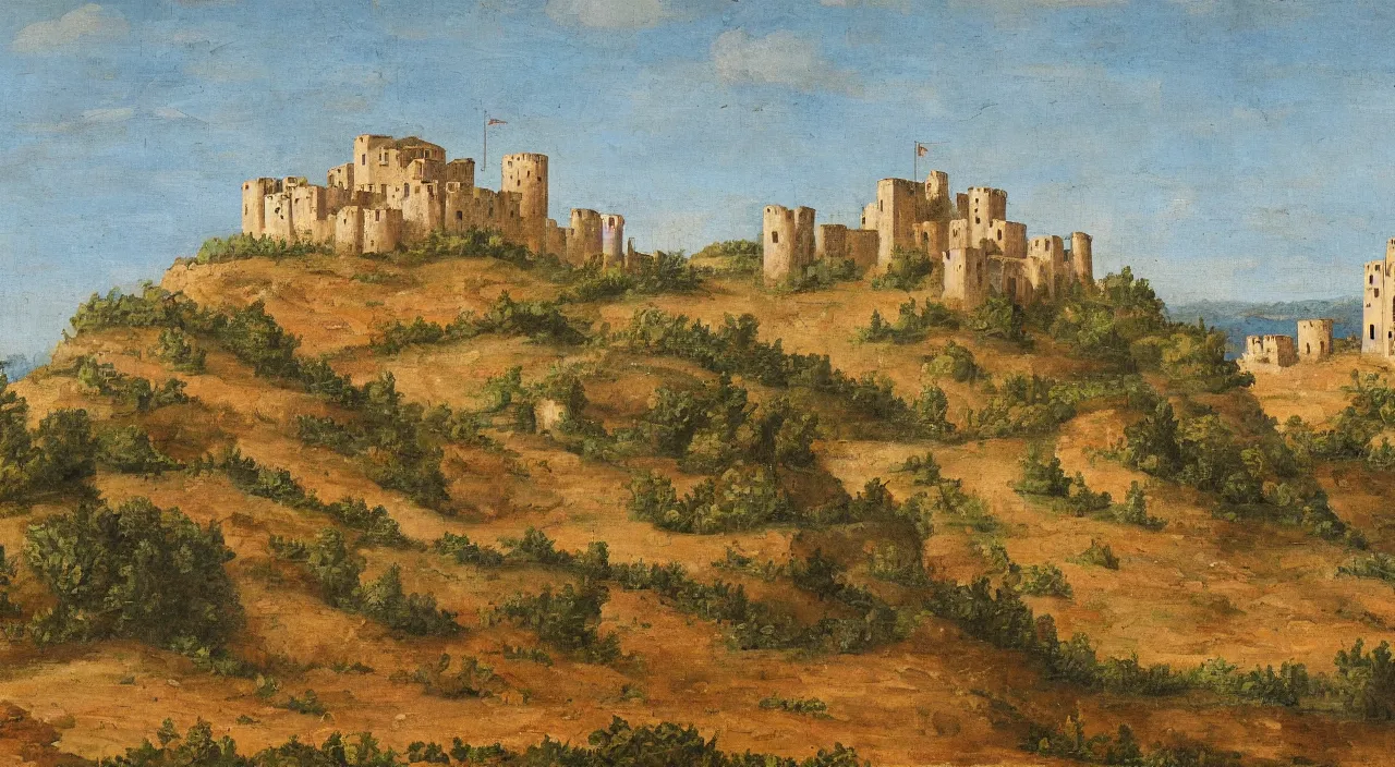 Image similar to a landscape painting of a byzantine castle