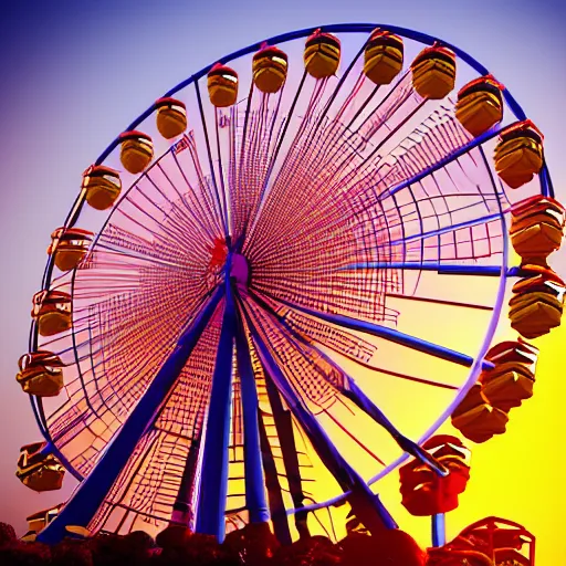 Image similar to ferris wheel at sunrise. neon light, award winning, artstation, intricate details, realistic, volumetric lighting, sun rays beaming, hyperdetailed, 8 k resolution, golden hour, intricate art nouveau, smooth, sharp focus, rendered in unreal engine 3