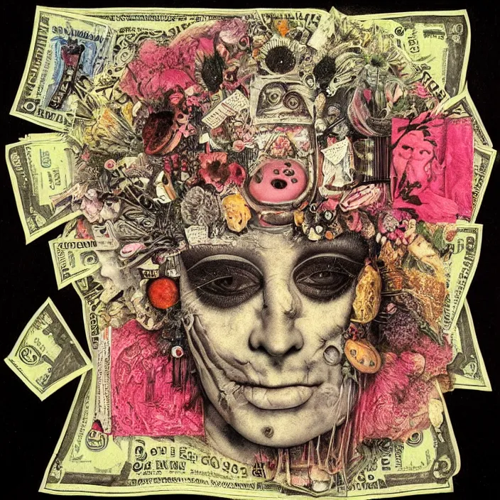 Image similar to post - punk new age album cover, asymmetrical design, dollar bank notes, capitalism, magic, apocalypse, psychedelic, black white pink, highly detailed, magic, giger h. r., giuseppe arcimboldo