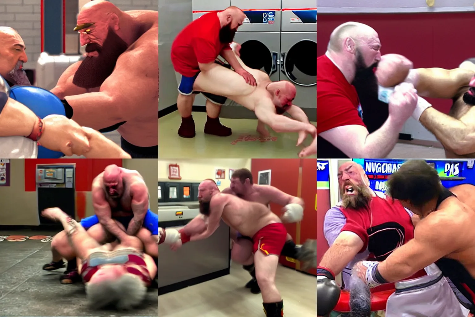 Prompt: Zangief piledriving an elderly man during their fight in a laundromat