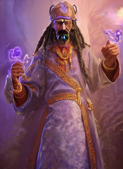 Image similar to snoop dogg as a mage, short beard, grumpy, intricate purple robes, Ivan Aivakovsky, Boris Vallejo, epic fantasy character art, D&D Concept Art, full length, ultra Realistic, Regal, Refined, Detailed Digital Art, Exquisite detail, post-processing, masterpiece, Cinematic Lighting, Unreal Engine, 8k, HD