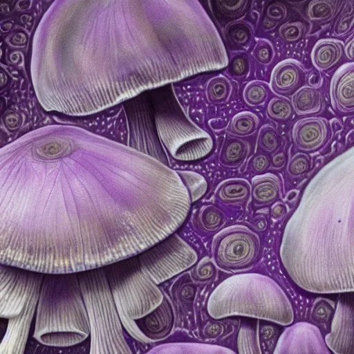 Image similar to a mushroom's gills from the bottom that is purple and grey with intricate microscopic view of patterns ; maximum realism ; maximum detailed close - up ; dramatic lighting