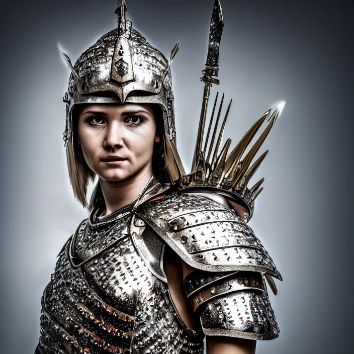 Image similar to photo of a warrior queen wearing diamond encrusted armour, highly detailed, 4 k, hdr, smooth, sharp focus, high resolution, award - winning photo