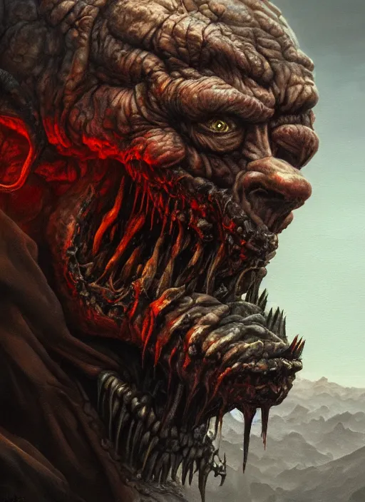 Image similar to close up portrait of an evil monster with bad smell in the mountains of hell, oil painting by tomasz jedruszek, cinematic lighting, pen and ink, intricate line, hd, 4 k, million of likes, trending on artstation