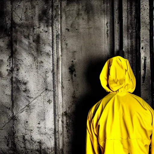 Prompt: a man wearing a yellow hazmat suit inside the very dark lighting empty unsettling creepy backrooms, liminal space, eerie mood, horror movie scene - n 9