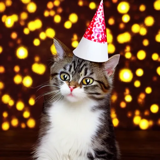 Image similar to a photo of a very cute cat wearing a birthday party hat, studio portrait, back background with fireworks. portrait.