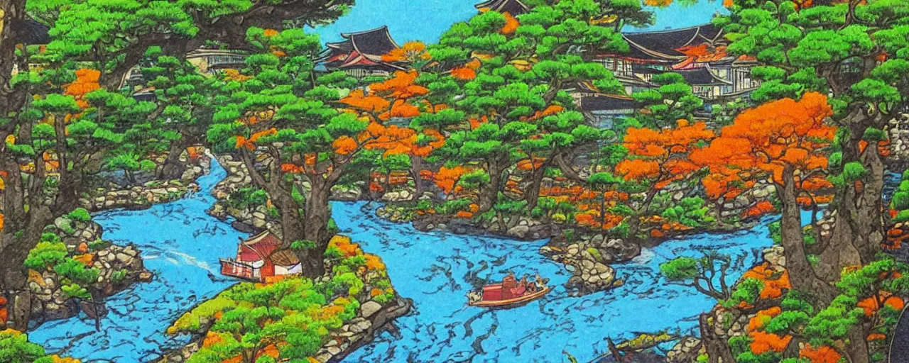 Prompt: a river running through a medieval village, summer, beautiful colors, japanese traditional art, award winning