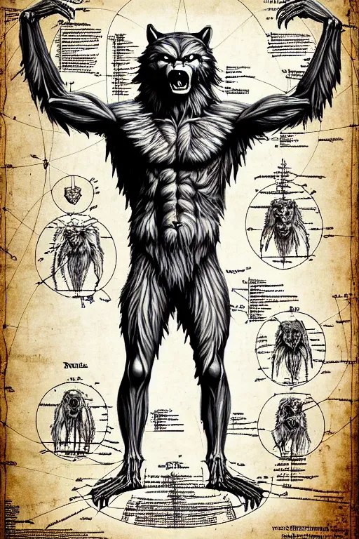 Prompt: 2 5 th century vitruvian werewolf in full details anatomy poster, ultra - detailed, annotations handwritten, scientific schematics, proportions on a circle, blueprint, hyperdetailed vector technical documents, callouts, archviz, legend, patent registry