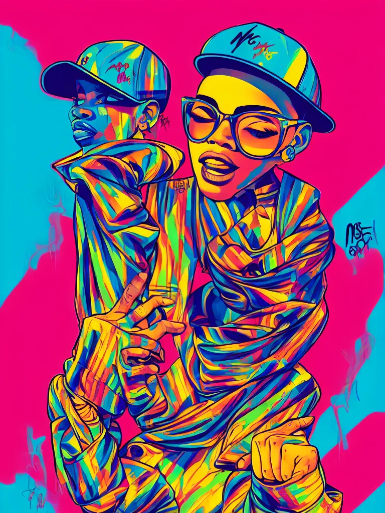 Prompt: modern hiphop graffiti, vibrant cold colors, depth, anamorphic illustration, highly detailed, simple, no jagged lines, smooth, artstation, artwork by obey and miss van